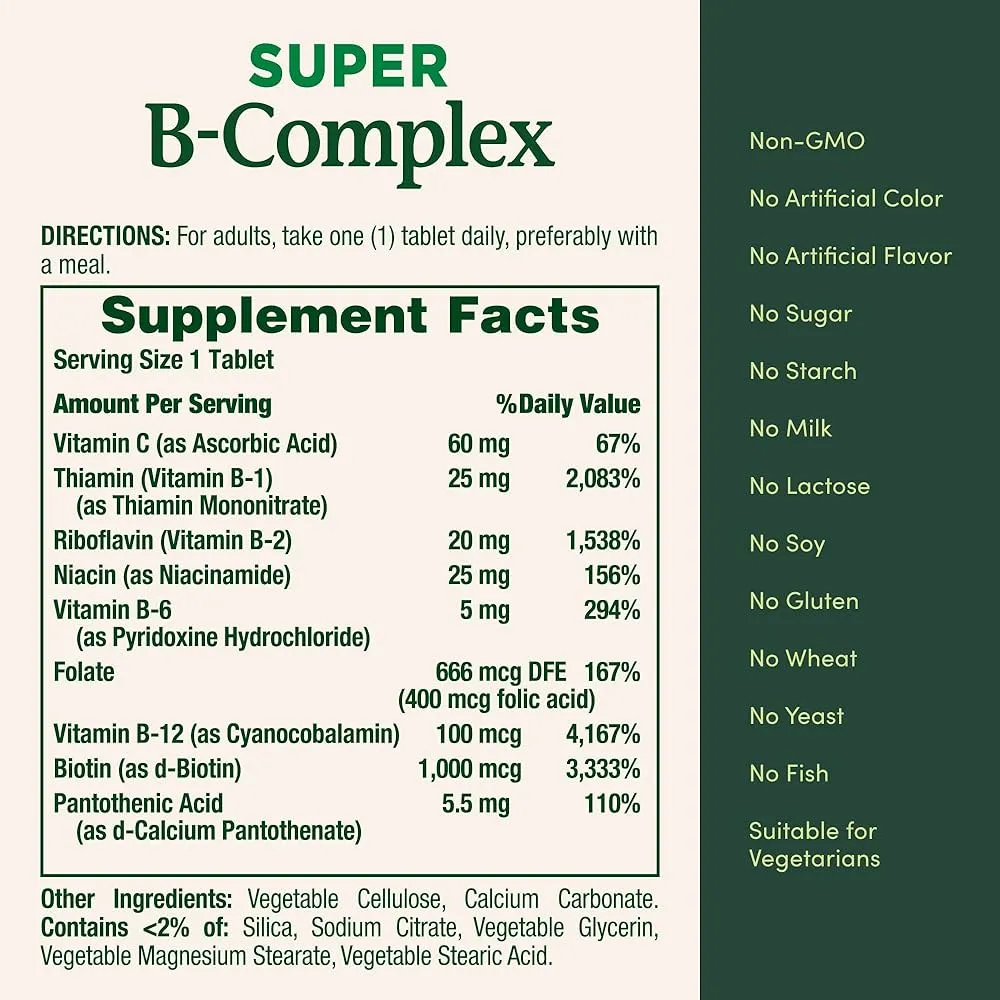 Nature's Bounty Super B Complex Vitamins with Vitamin C & Folic Acid 150 Tablets - Image 4